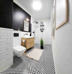 a bathroom with a white toilet and a sink at Komfortowy Apartament Przy Bramie Targowej - Old Town in Elblag