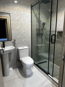 een badkamer met een douche, een toilet en een wastafel bij Modern City Center 3-Bed Apartment in Abuja