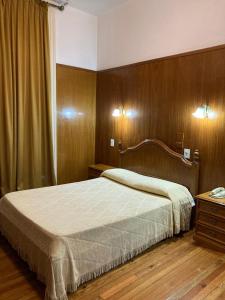 a bedroom with a large bed and a wooden wall at Hotel Americano in Buenos Aires