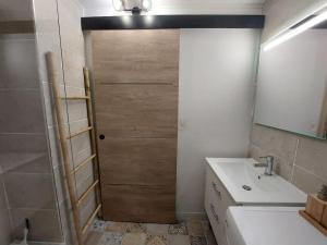 baño con lavabo y puerta de madera en Studio de charme - Idéal Couple & Pro - Calme, en Lons