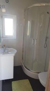 ein Bad mit einer Dusche und einem Waschbecken in der Unterkunft Domki Ewa in Sarbinowo