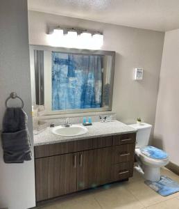 ein Badezimmer mit einem Waschbecken, einem WC und einem Spiegel in der Unterkunft Elegant 2 for 2 in Houston