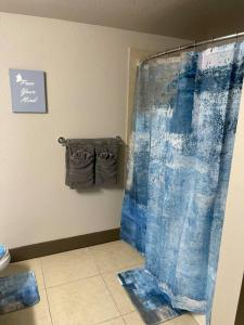 La salle de bains est pourvue d'une douche avec un rideau de douche bleu. dans l'établissement Elegant 2 for 2, à Houston