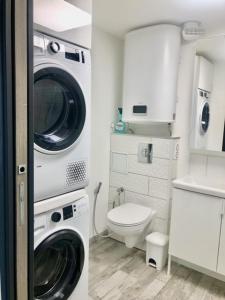 een badkamer met een wasmachine en een toilet bij Naturiste Heliovillage Villa de Standing in Cap d'Agde