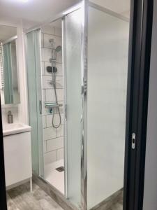 prysznic ze szklanymi drzwiami w łazience w obiekcie Naturiste Heliovillage Villa de Standing w Cap d'Agde +10 zdjęć