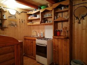 uma cozinha com armários de madeira e um forno com placa de fogão em Cabana nea Nicu em Bălceşti
