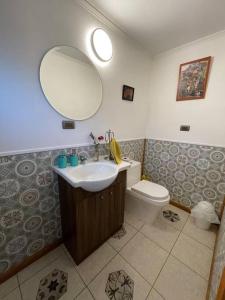 La salle de bains est pourvue d'un lavabo, de toilettes et d'un miroir. dans l'établissement Cabaña río Calle Calle, à Valdivia