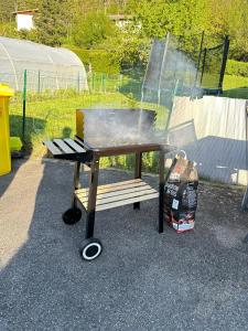 a barbecue grill sitting on top of a picnic table at Au calme, parking gratuit,proche centre Thonon les bains in Allinges