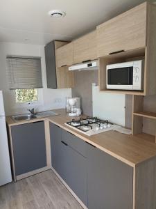 uma cozinha com um fogão e um micro-ondas em Le panorama em Guérande