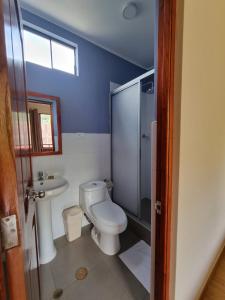 niebieska łazienka z toaletą i umywalką w obiekcie Pampa Bella Lodge w mieście La Merced