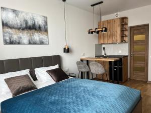 a bedroom with a bed and a kitchen at Apartment Two-room "Family Estate" in Kamianets-Podilskyi