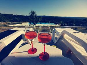 two wine glasses sitting on top of a boat at Villa Emine in Banya