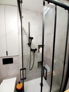 a shower with a glass door in a bathroom at NeoApartments Lotnicza in Wrocław