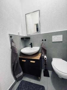 ein Badezimmer mit einem Waschbecken, einem WC und einem Spiegel in der Unterkunft Traumhaftes 1-Zi Apartment mit Gartennutzung Nähe Krefeld HBF in Krefeld