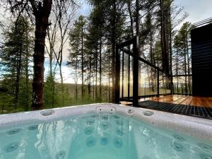 een hot tub met uitzicht op een bos bij Charlevoix expérience thermale en pleine nature - Suites Nature Charlevoix - Suite #1 in Les Éboulements