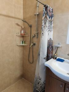 een badkamer met een douche en een wastafel bij city holiday in Rishon LeẔiyyon