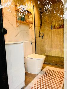 uma casa de banho com um WC e um chuveiro em holiday tiny house near park em Vermont South