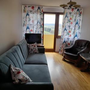 ein Wohnzimmer mit einem blauen Sofa und einem Fenster in der Unterkunft Mieszkanie z balkonem in Głuszyca