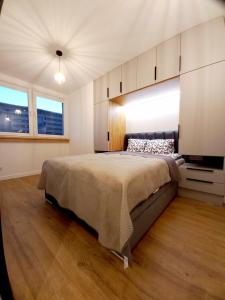 a bedroom with a large bed and two windows at NeoApartments Lotnicza in Wrocław
