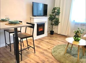 ein Wohnzimmer mit einem Tisch und einem Kamin mit einem TV in der Unterkunft Apartment Vinohrady in Bohunice