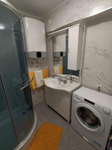 een badkamer met een wasmachine en een wastafel bij Beetlejuice Apartments in Šibenik