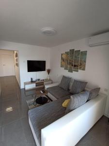 a living room with a bed and a flat screen tv at Beetlejuice Apartments in Šibenik