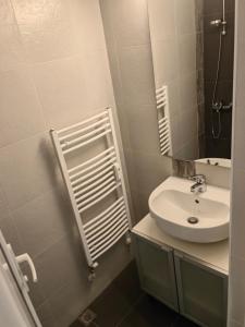 La salle de bains est pourvue d'un lavabo blanc et d'un miroir. dans l'établissement Vitosha 67, à Sofia