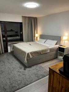 KüssabergにあるIsaak Appartment Burgnäheの大きなベッドとテレビのある寝室