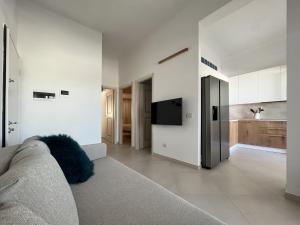 een woonkamer met een bank en een tv bij Luxury sea view home/4-min walk to beach in Marinella