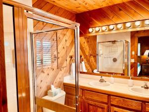 ein Badezimmer mit Toilette, Waschbecken und Spiegel in der Unterkunft Runway Cabin Retreat With Private Hot Tub! in Duck Creek Village + 42 Fotos