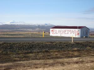 un camión con graffiti al costado de una carretera en Ásbrandsstadir Cottage, en Vopnafjörður