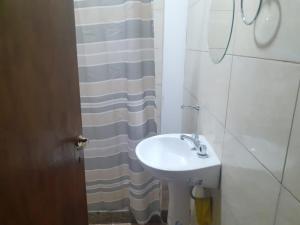 a bathroom with a sink and a shower curtain at Mi gran sueño in San Rafael