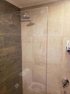 eine Dusche mit Glastür im Badezimmer in der Unterkunft Para quedarse - SalePatagonia in San Martín de los Andes + 18 Fotos