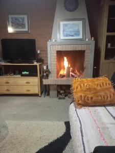 sala de estar con chimenea y chimenea en casa de temporada do Braz, en Monte Verde