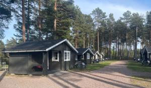 a row of cabins parked in a forest at Hostel Hudiksvall Malnbaden Camping in Hudiksvall