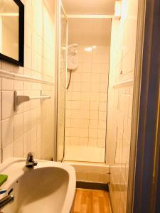 La petite salle de bains est pourvue d'un lavabo et d'une douche. dans l'établissement AC Hideout, à Rochford