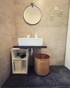 La salle de bains est pourvue d'un lavabo et d'un miroir. dans l'établissement Giostra Studio Flat, à Trieste