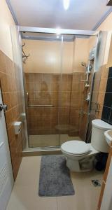 La salle de bains est pourvue d'une douche, de toilettes et d'un lavabo. dans l'établissement SCANDIA SUITES AT SOUTH FORBES Homey & Cozy 2-Bedroom Condo, à Silang
