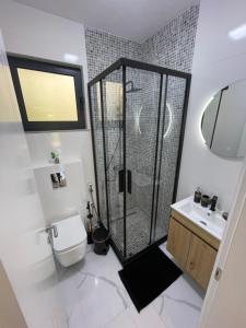 a bathroom with a shower and a toilet and a sink at Lux Sereno Village in Ulcinj +31 photos