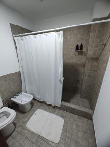 a bathroom with a shower and a toilet and a sink at Duplex Del Valle in San Fernando del Valle de Catamarca +4 photos
