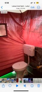 Bhrigu Camps في Jispa: حمام بجدار احمر مع مرحاض