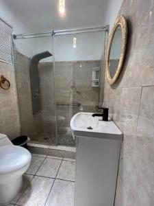 ein Bad mit einem WC, einem Waschbecken und einer Dusche in der Unterkunft Mi casa El Rincón in Juana Díaz