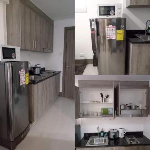 two pictures of a kitchen with a refrigerator in a room at Shore Residences in Manila