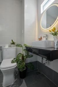 クイニョンにあるLux Quy Nhon Homestayのバスルーム(洗面台、トイレ、鏡付)