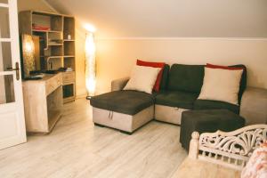 a living room with a green couch and a table at LE COLONIAL, T4 à 5 mn Aeroport dans villa de standing in Sainte-Marie