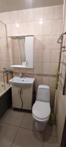 een badkamer met een toilet, een wastafel en een spiegel bij Кирова А Поля ЖД вокзал in Dnipro