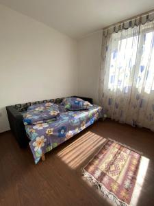 een slaapkamer met een bed, een tapijt en een raam bij Maris in Sîngeorz-Băi