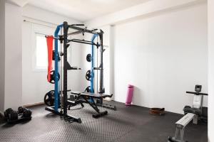 a room with a gym with two tread machines at Seafront Villa Nefeli in Keratea