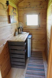 a kitchen in a log cabin with a sink at Akmens sala in Vecpiebalga