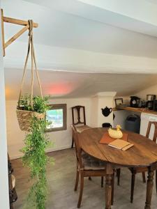 ein Esszimmer mit einem Holztisch mit einer Pflanze in der Unterkunft Le Grenier, Climatisation Terrasse Wi-Fi Netflix 15 mn coeur de ville in Béziers